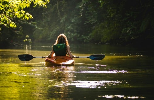A woman in a red kayak going down a river surrounded by trees