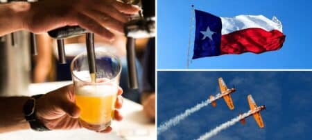 Collage image with picture of beer glass, two airplanes in flight and Texas flag