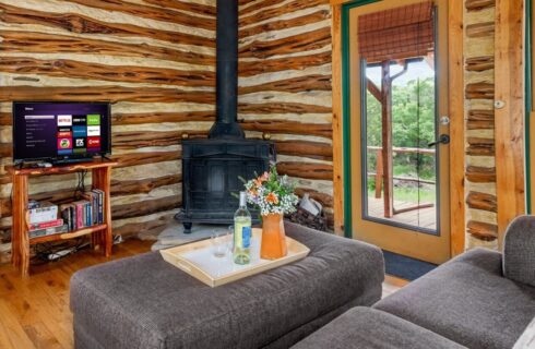 Log cabin interior with wood burning stove and television.