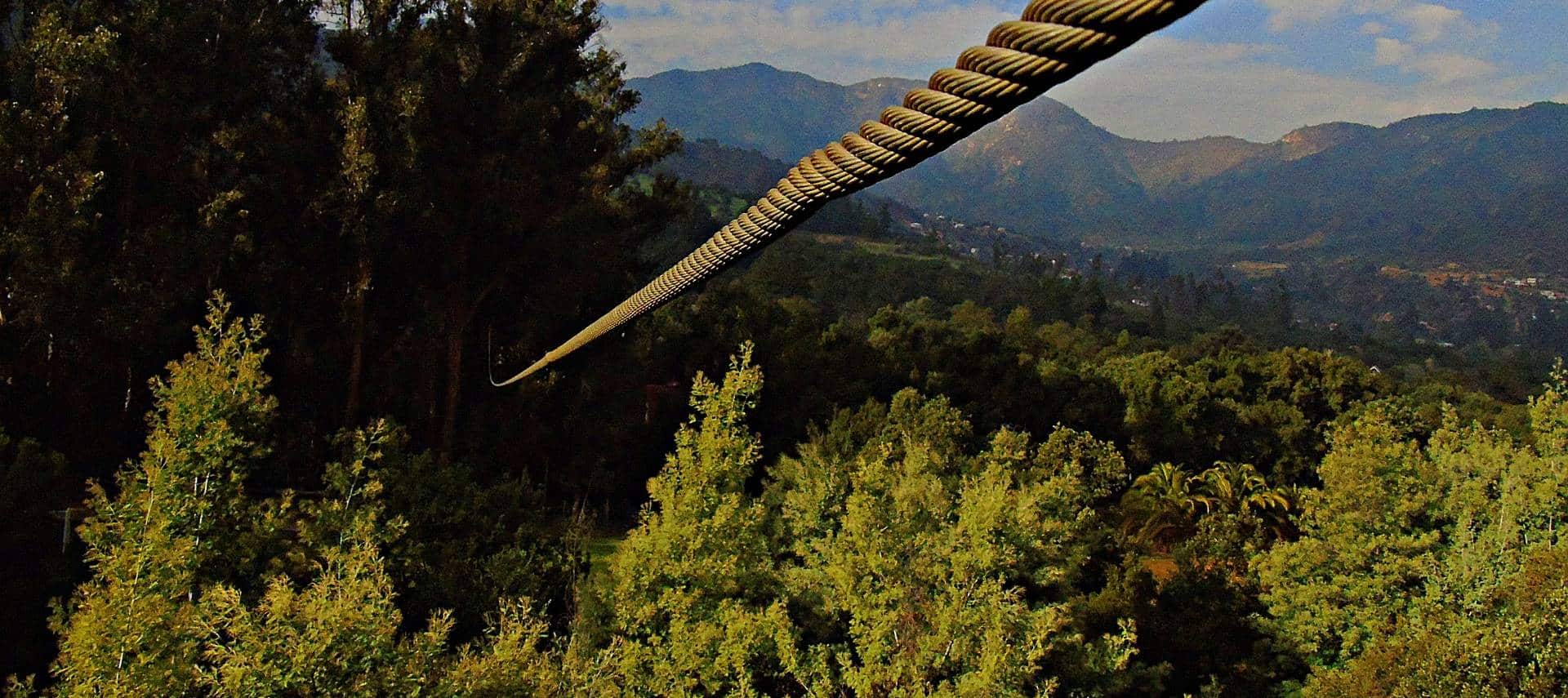 Zip line going over trees in a valley